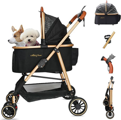 MILA&LOUIS Dog Stroller for Medium Dogs, Lightweigh Pet Stroller for Small Dogs with 4 Upgraded Wheel, Dog Strollers with Cup Holder, Hook, Fashion Gold Puppy Stroller with Detachable Aluminum Cradle