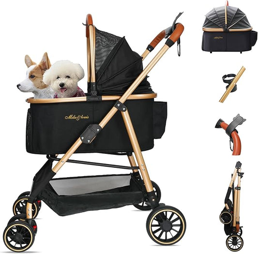 MILA&LOUIS Dog Stroller for Medium Dogs, Lightweigh Pet Stroller for Small Dogs with 4 Upgraded Wheel, Dog Strollers with Cup Holder, Hook, Fashion Gold Puppy Stroller with Detachable Aluminum Cradle