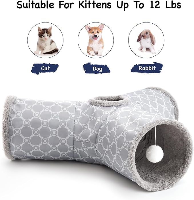 Tempcore Pet Cat Tunnel Tube Cat Toys 3 Way Collapsible, Cat Tunnels for Indoor Cats Fleece-Lined in for Warmth，Kitty Tunnel Bored Pet Toys Peek Hole Toy Ball Cat, Puppy, Kitten, Geometry Grey