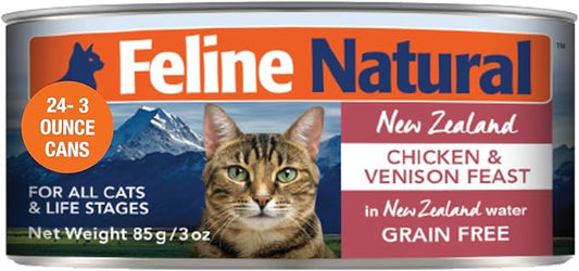 Feline Natural Wet Cat Food Pate, Chicken & Venison Feast, 3 Oz Cans (Pack of 24), Grain Free, Made in New Zealand with Cage-Free Chicken and Grass-Fed Venison