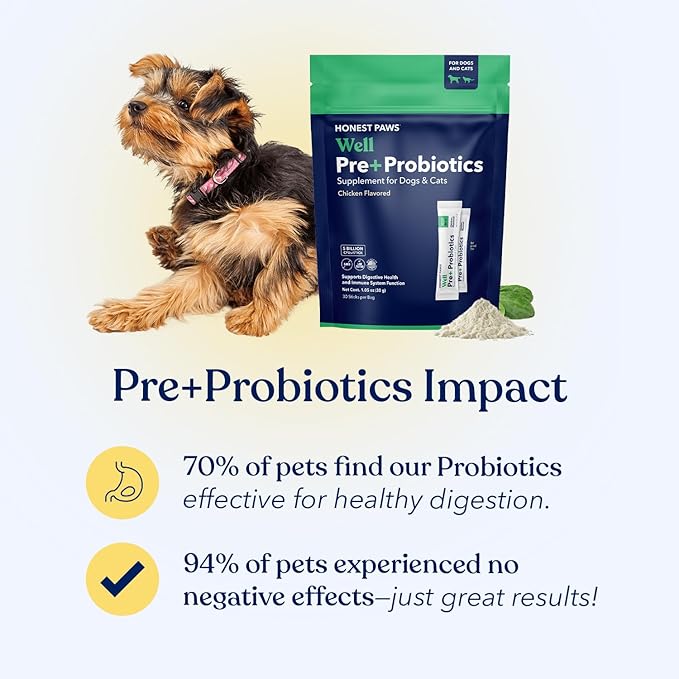 Honest Paws Probiotics for Dogs - Digestive & Immune Support Powder with Prebiotic Made in The USA, Chicken Flavor (30 Sticks)