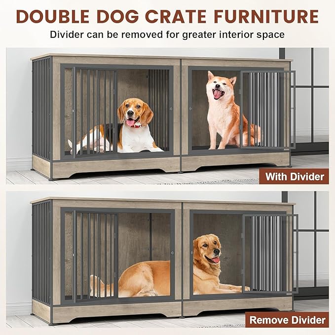 75 Inch Double Dog Crate Furniture, 3 in 1 Dog Cage for Large Dogs, Durable Grey TV Stand Dog Crate with Trays and Divider, Double Dog Kennel for 2 Dogs