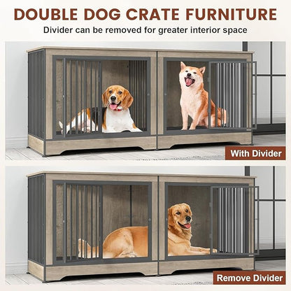 75 Inch Double Dog Crate Furniture, 3 in 1 Dog Cage for Large Dogs, Durable Grey TV Stand Dog Crate with Trays and Divider, Double Dog Kennel for 2 Dogs