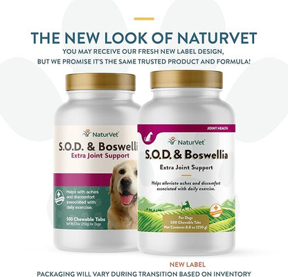 NaturVet S.O.D. & Boswellia Extra Joint Support Dog Supplement  Dog Hip Supplement  Helps Alleviate Aches, Pain  for Dog Flexibility, Healthy Joint Function  500 Ct. Chewable Tablets