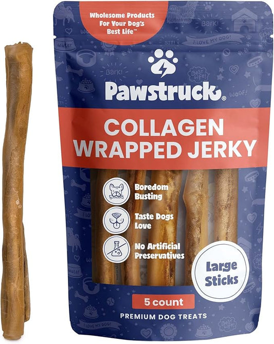 Pawstruck 2-in-1 Collagen Wrapped Jerky Natural Treats for Dogs - 5 Large Sticks - Limited Ingredient Grain Free for Small, Medium, and Large Dogs