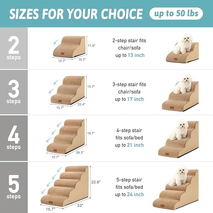 Dog Stairs for Small Dogs, Curved Pet Step with Leakproof Cover, High Density Foam Cat Ramp for Bed or Sofa, Lightweight, Durable, Comfort, 15.7x22.4x15.7 inch, 3 Tiers, Light Brown