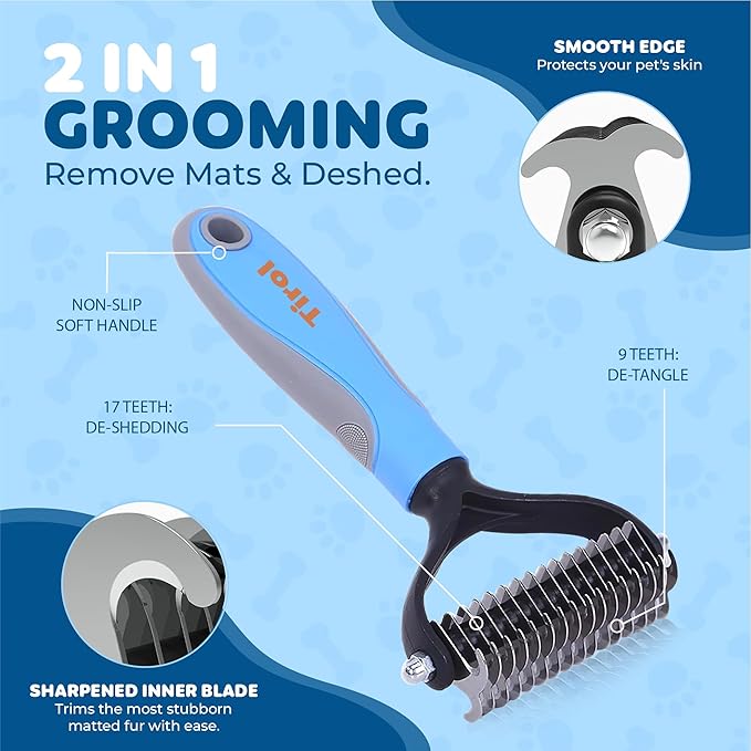 TIROL SUPPLIES Original Pet Grooming Rake - Ergonomic Non-slip Undercoat Rake for Dogs & Cats - Double-Sided Deshedding Dematting Tool - Extra-Wide Deshedding Dog Brush for Long Hair