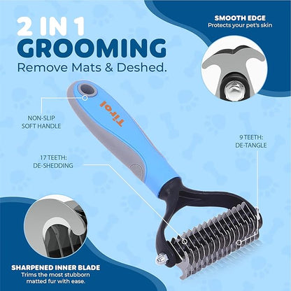 TIROL SUPPLIES Original Pet Grooming Rake - Ergonomic Non-slip Undercoat Rake for Dogs & Cats - Double-Sided Deshedding Dematting Tool - Extra-Wide Deshedding Dog Brush for Long Hair