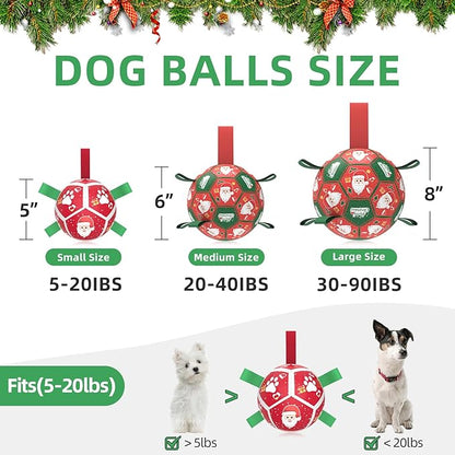 QDAN Christmas Dog Toys Soccer Ball with Straps, Outdoor Interactive Dog Toys for Tug of War, Puppy Birthday Gifts, Dog Tug Toy, Dog Water Toy, Durable Dog Balls for Small Dogs（5 Inch）