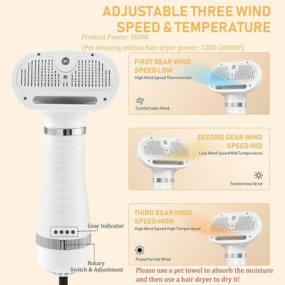 4-in-1 Pet Grooming Station: Steam Comb & Hair Dryer with Water Tank, 3 Heat Settings, Shedding Brush for Cats and Dogs, Home Washing Station, White