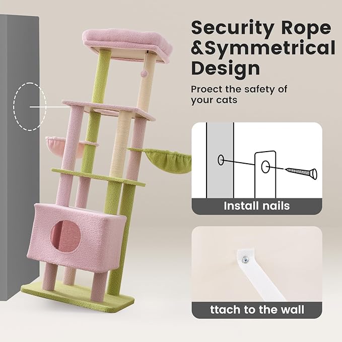 Gardner Pet 65in Heavy Duty Cat Tree Tower for Large Cats, Multi-Level Cat Furniture with Replaceable Sisal Scratching Post, Hammock | Extra-Large Platform & Condo (Pink&Green, Basic φ:2.84")