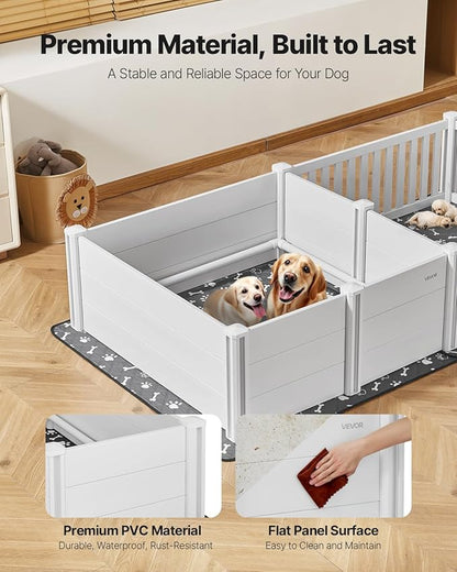 VEVOR Dogs Whelping Box, 93.3x48.4x18.1 inch, Plastic PVC Puppies Playpen with Height Adjustable Door and Washable Pee Pad, 2-Room Layout Indoor Puppy Play Pen for Extra Large Breed Dogs, Milk White