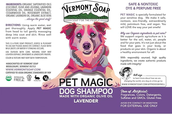 VERMONT SOAP Organics Pet Shampoo - Infused with Organic & Natural Olive Oil, Coconut & Aloe Vera Dog Shampoo for Sensitive Skin - USDA Certified Grooming Pet Shampoo - 5 Gallon