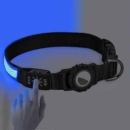 AirTag Pet Dog Tracker Collar & Equipped with Tracker; LED Light Up Collar;Built-in QR Dog Tag & AirTag Holder; No Monthly Fees; Adjustable Size (Blue Color).