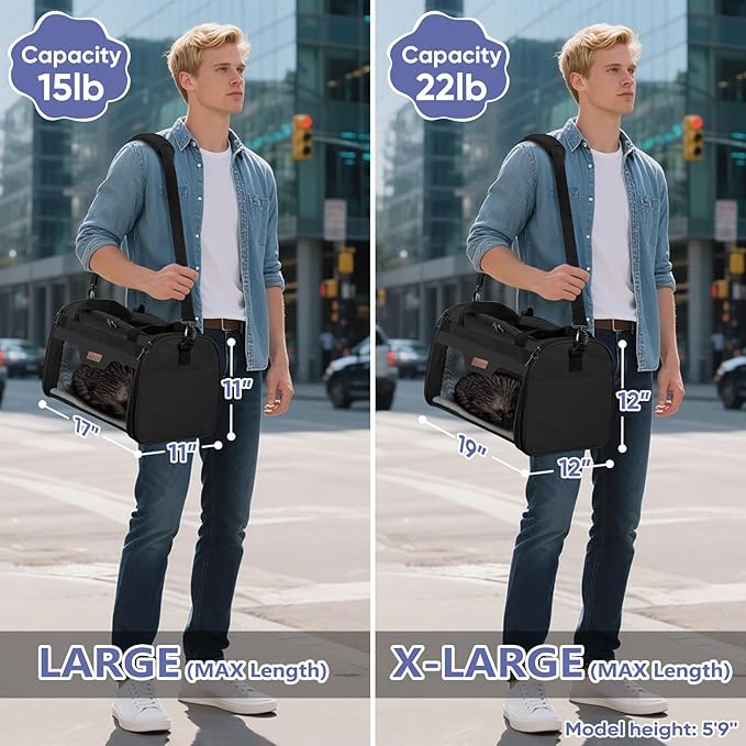 BALEINE Cat Carrier, Puppy Dog Carrier for Small Medium Pets Up to 15 Lbs, Soft-Sided Dog Travel Bag with Safety Zippers, Collapsible Pet Carrying Case (Black, L, 17"x11"x11")