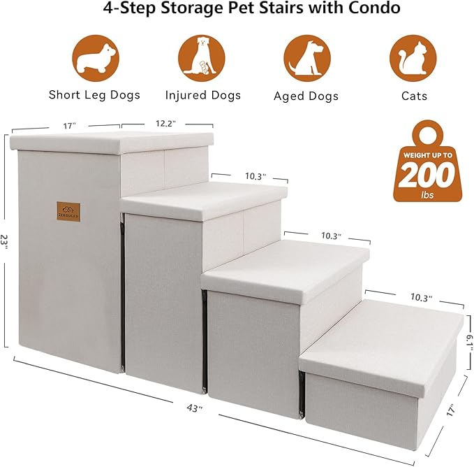 Dog Stairs with Storage 23" H, 4-Step Wider Dog Steps for High Beds Window, Folding Sturdy Pet Stairs Gift for Small/Medium/Large Dogs Cats, Dog Ramp for Climbing Car Hold Up to 200 lbs, Beige Gray