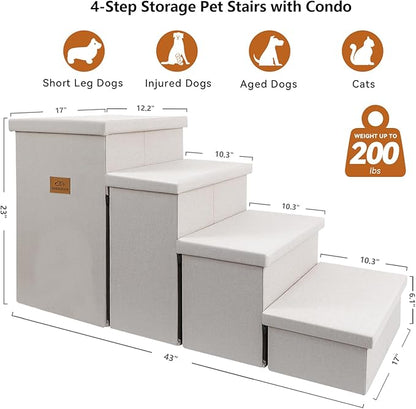Dog Stairs with Storage 23" H, 4-Step Wider Dog Steps for High Beds Window, Folding Sturdy Pet Stairs Gift for Small/Medium/Large Dogs Cats, Dog Ramp for Climbing Car Hold Up to 200 lbs, Beige Gray