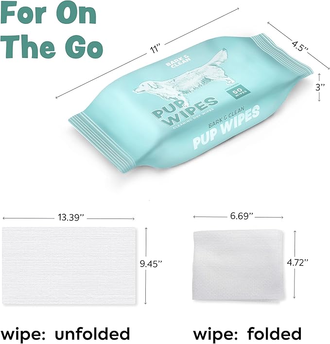 Bark & Clean Dry Dog Wipes, Dog Grooming Supplies - Unscented Non-Woven Dog Cleaning Wipes - Hypoallergenic Dog Wipes for Paws and Butt - Liquid and Chemical Free Pet Wipes - 50