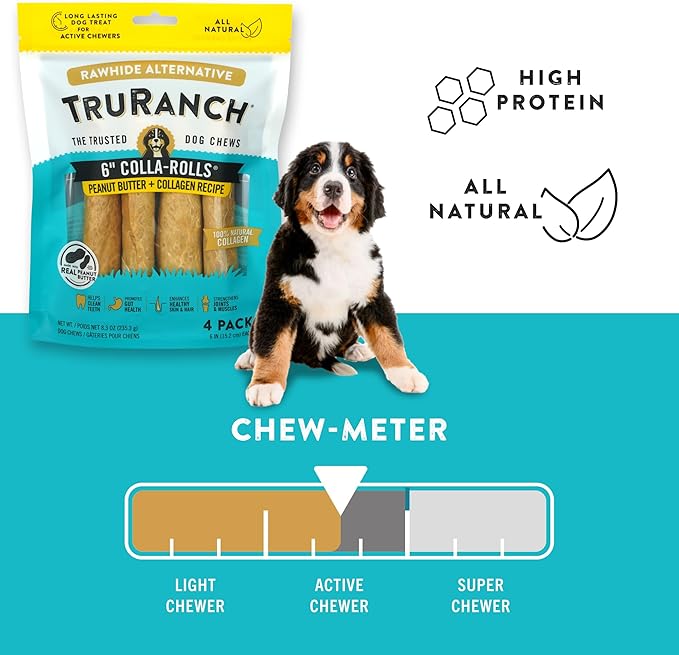 TRURANCH Collagen Rolls - 6" Collagen Rolls for Dogs - Long Lasting Healthy Joint Support - Rawhide Alternative - Skin & Coat Health - Made with Real Peanut Butter, Value Pack, 3 Bags, 12 Count