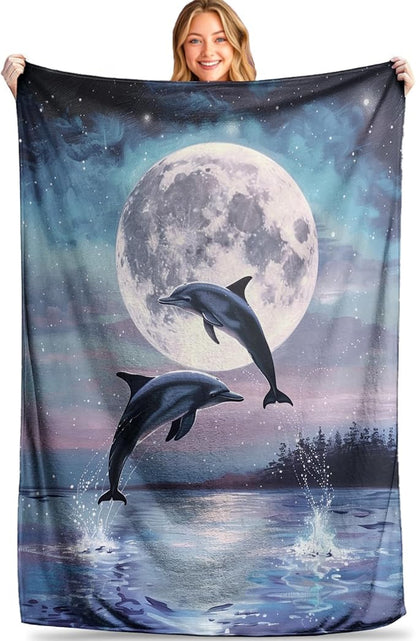 Dolphin and Moon Throw Blanket - Soft, Cozy, Lightweight Flannel, Warm, Plush, Fuzzy Decor for Couch, Office, Travel - Mystical Night Sky and Ocean Design 60_80 Inch