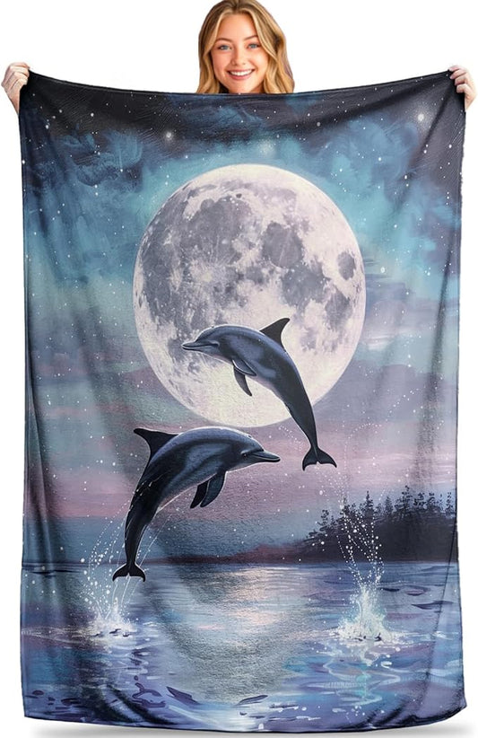 Dolphin and Moon Throw Blanket - Soft, Cozy, Lightweight Flannel, Warm, Plush, Fuzzy Decor for Couch, Office, Travel - Mystical Night Sky and Ocean Design 40_50 Inch