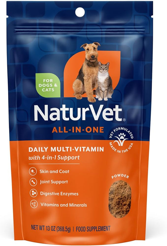 NaturVet All-in-One Dog Supplement - for Joint Support, Digestion, Skin, Coat Care – Dog Multivitamins with Minerals, Omega-3, 6, 9 – Wheat-Free Vitamins for Dogs – 13-Ounce Powder