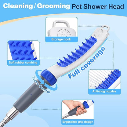 Dog Shower Attachment, Rubber Dog Grooming Bath Brush for Long & Short Haired Dogs and Cats, Pet Hair Scrubber For Washing, Deshedding, Massage, Stainless Steel Shower Hose