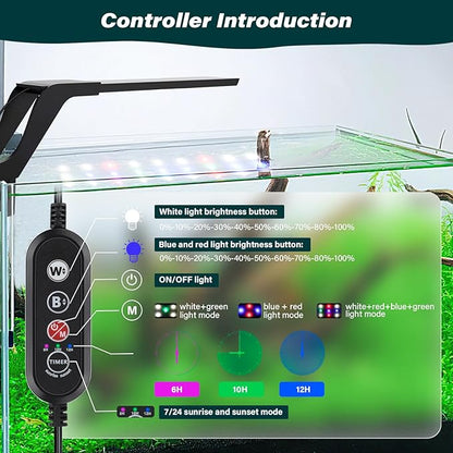 AQQA Aquarium Clip On Light,Fish Tank Full Spectrum LED Light,24/7 Sunrise Sunrise Mode+10 Adjustable Brightness Levels+Detachable Bracket+RGB LEDs + USB and Adapter,for Freshwater (8W)