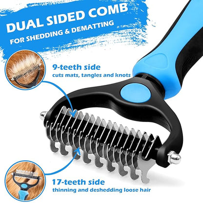 Dog Grooming Kit, Includes 7PCS Deshedding Brush, Pin Brush, Flea Comb, Metal Comb, Bath Brush, Nail Clipper and File, for Small, Medium and Large Dogs (Blue)