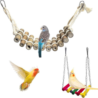 PINVNBY 2PCS Bird Ladder Bridge, Bamboo Bird Toys with Colorful Wooden Bird Swing Toy for Cage, Parakeet Cage Accessories for Small and Medium Birds Budgie Conure Cockatiel