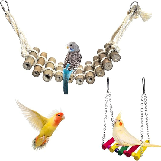 PINVNBY 2PCS Bird Ladder Bridge, Bamboo Bird Toys with Colorful Wooden Bird Swing Toy for Cage, Parakeet Cage Accessories for Small and Medium Birds Budgie Conure Cockatiel