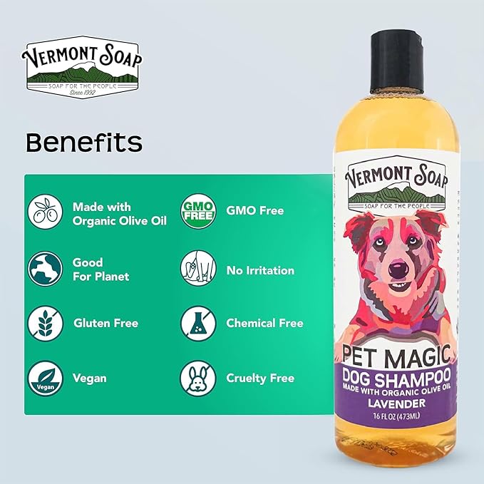 VERMONT SOAP Organics Pet Shampoo - Infused with Organic & Natural Olive Oil, Coconut & Aloe Vera Dog Shampoo for Sensitive Skin - USDA Certified Grooming Pet Shampoo (16oz)
