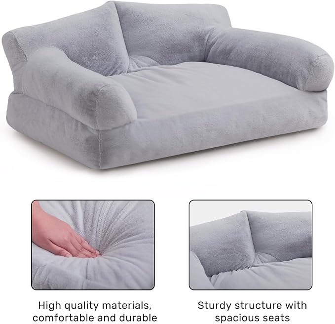 Hollypet Fluffy Plush Dog Cat Pet Couch Soft Calming Sofa Beds for Medium Small Cats and Dogs, Light Gray
