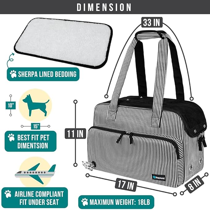 PetAmi Small Dog Purse Carrier, Soft-Sided Pet Carrier Bag with Pockets, Portable Puppy Cat Travel Handbag Tote, Airline Approved Breathable Mesh, Poop Bag Dispenser, Max 18 lbs, Stripe Black