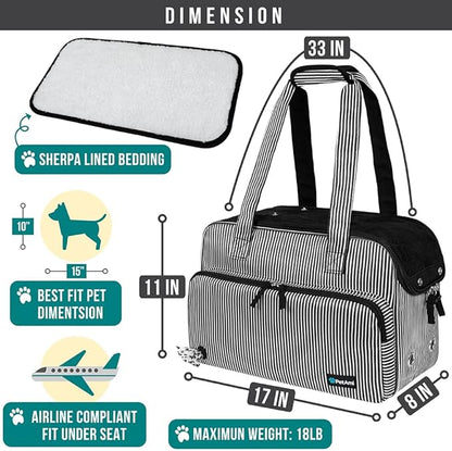 PetAmi Small Dog Purse Carrier, Soft-Sided Pet Carrier Bag with Pockets, Portable Puppy Cat Travel Handbag Tote, Airline Approved Breathable Mesh, Poop Bag Dispenser, Max 18 lbs, Stripe Black