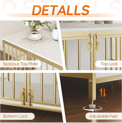 HOOBRO 38.6" Dog Crate Furniture, Wooden Dog Kennel Indoor, Chew-Resistant Heavy Duty Dog Cage for Small/Medium Dog, Decorative Side End Table, White and Gold DW100GW03