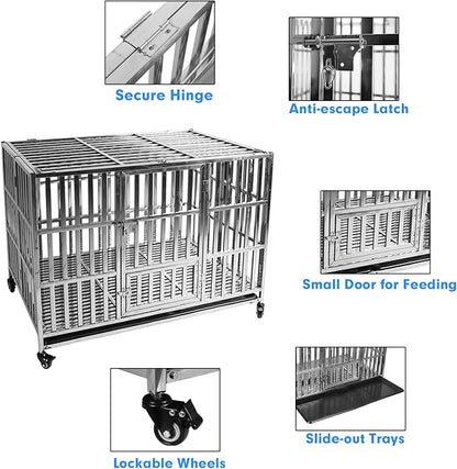 47" Dog Crate Stainless Steel Stackable Heavy Duty Pet Kennel Foldable Indestructible Dog Cage XL Playpen with Lockable Rolling Wheels, Double Door and Removable Tray for Large Dogs