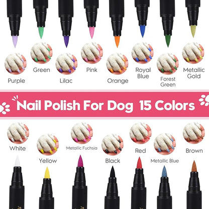 MSDADA Dog Nail Polish Pens Quick Dry - Pet Nail Polish Set for Dogs, Dog Safe & Odorless Nail Polish, Easy DIY Dog Nail Art Kit - Stylish Girl Dog Accessories for Puppy, Large Dogs (15 Pcs)