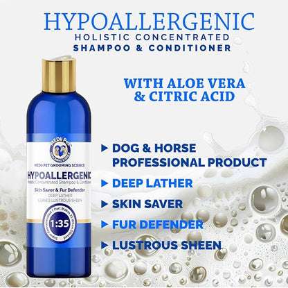16oz Super Concentrated Hypoallergenic Dog & Cat Shampoo & Conditioner. Gentle Cleansing for Sensitive Skin, Itch Relief Formula, Puppy Safe Makes 4 gallons when diluted or use full strenght