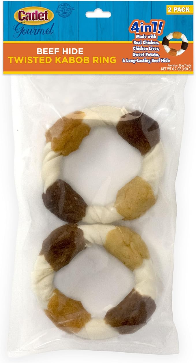 Cadet Gourmet Triple-Flavored Ring - Beef Hide Kabob Dog Treats - Healthy & Natural Chicken, Liver, & Sweet Potato Dog Treats for Dogs Over 30 lbs. (2 Count)