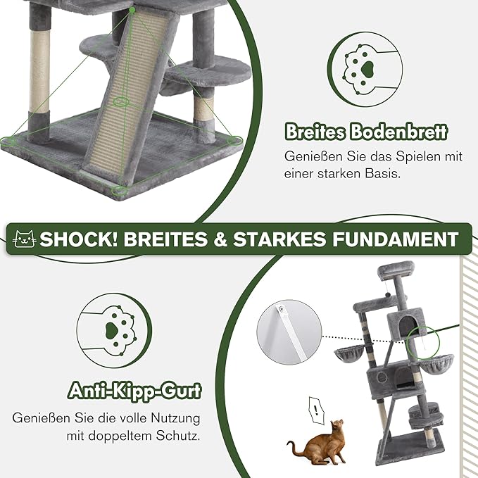 MUTICOR 66 Inches Multi-Level Large Cat Tree Tower for Indoor Big Feline/Cozy Plush Perches/Condo/Sisal Scratching Posts/Hammock and Baskets/Activity Center Play House/Wide Base/Dark Grey