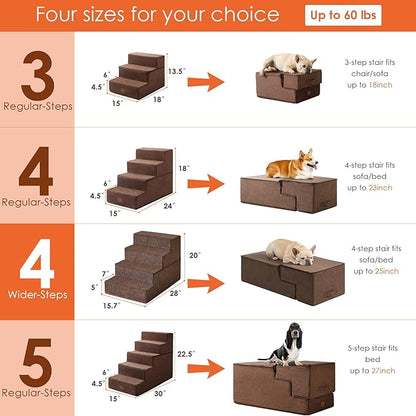 EHEYCIGA Dog Stairs for Bed 20”H, 4-Step Extra Wide Dog Steps for High Bed, Pet Steps for Small Dogs and Cats, Non-Slip Balanced Dog Indoor Ramp, Brown