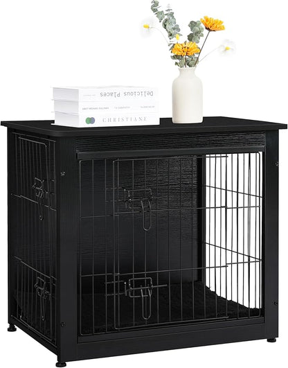 DWANTON Dog Crate Furniture with Cushion, Wooden Kennel Table with Double Doors, Indoor Dog House, Small/Medium/Large Size, 27.2" L, Black