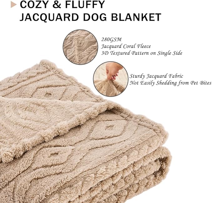 Qeils Jacquard Dog Blankets for Large Dogs, Cozy Calming Pet Blanket Washable for Couch Protection, 280GSM Coral Fleece Plush Fluffy Throw Blanket, Taupe Boho, 50x60IN