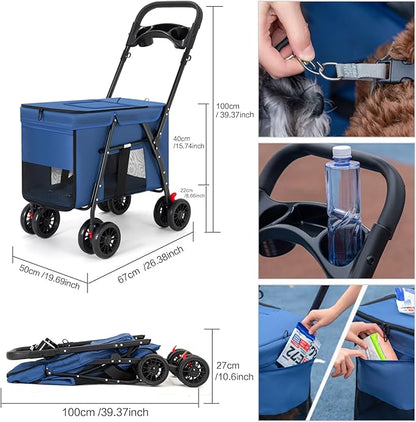 Pet Stroller Cat Dog Stroller Travel Folding Pet Carriers（Blue）