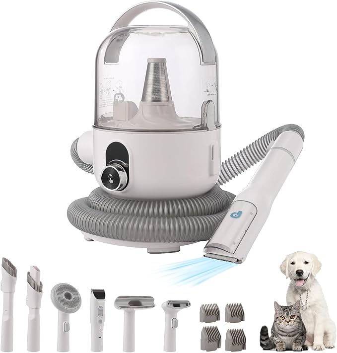 Dog Grooming Kit with 2L Dust Cup, Professional Low Noise Pet Grooming Vacuum Kit Suction 99% Pet Hair with 5 Grooming Tools for Dogs Cats and Other Animals Grey