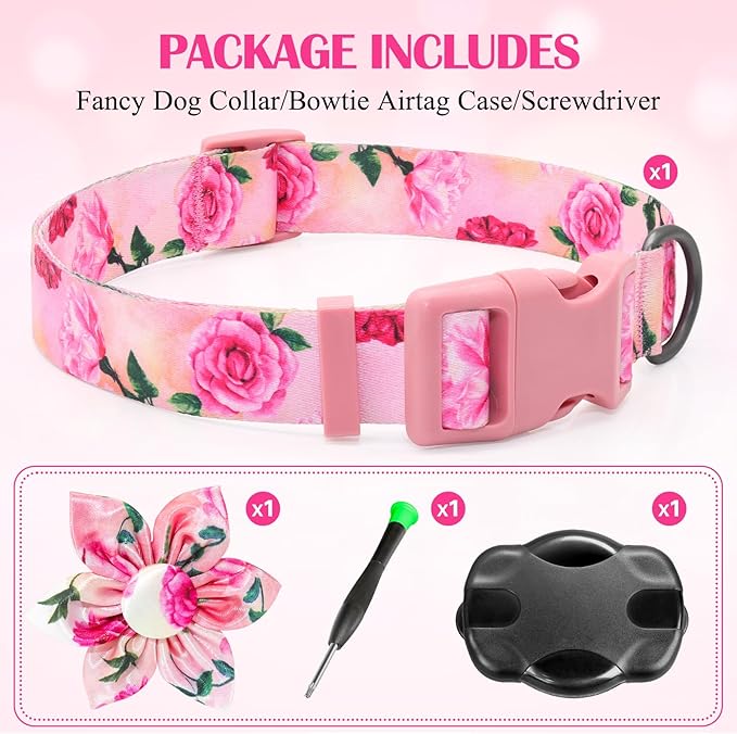 Airtag Dog Collar for Small Dogs, Rose-Pink Dog Collars Girl with AirTag Holder Waterproof Airtag Case, Including Flower Spring Dog Collar Bowtie, for All Female Dogs ï»