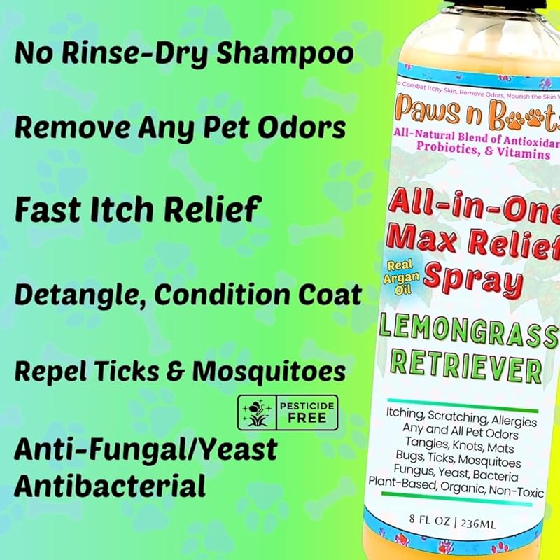 All-in-One Dry Shampoo Spray  100% Natural, Plant-Based. Removes All Pet Odors, Tangles, & Mats. Fast Relief for Itching, Inflammation. Safe to Use on Toys, Clothes, Furniture, Pets. Tear Free. Lemongrass