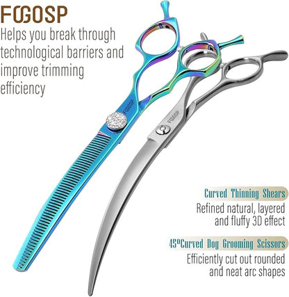 45°Curved Dog Grooming Scissors Curved Thinning Shears 2PCS Combo(Turquoise)
