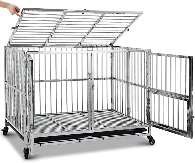42-in Heavy Duty Dog Crate Cage Kennel with Wheels, Full Stainless Steel High Anxiety Indestructible Dog Crate, Sturdy Locks Design, Double Door Small Door Design & Removable Tray Design Silver